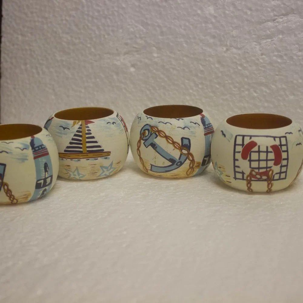 Nautical Napkin Rings 4 Piece Set Wood Anchor Sailboat Knots 1 1/2